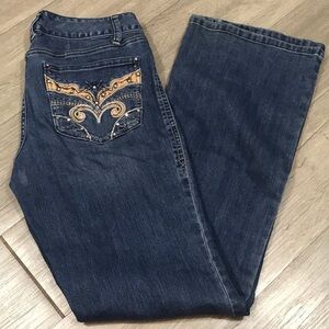 Cache Embroidered Embellished Pocket Medium Wash Flare Leg Jeans size 8
